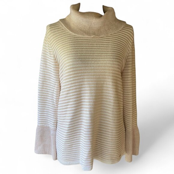Calvin Klein Cream Gold Metallic Striped Cowl Neck Ruffle Sleeve Sweater M - Picture 1 of 13